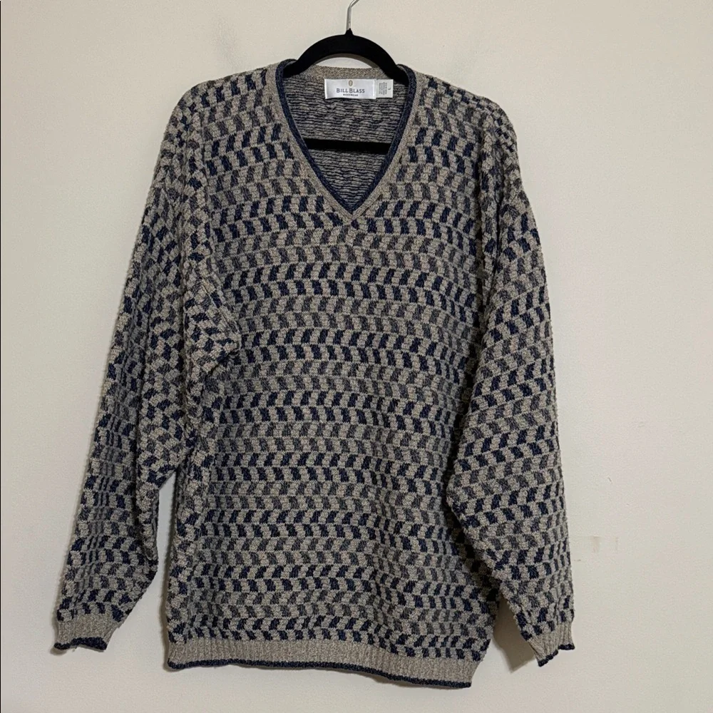 Vintage Bill Blass V-Neck knit Sweater Blue Gray checkered men L grandpa Y2K